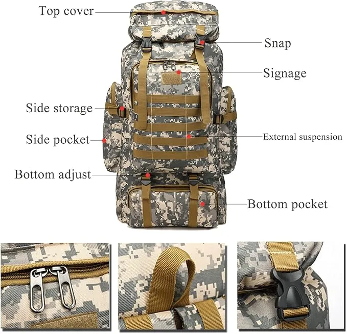 70L Waterproof Hiking Daypack Large Hiking Backpack, Hunting Camping Rucksack Backpack for Men Outdoor Sports Backpack (Desert camouflage)