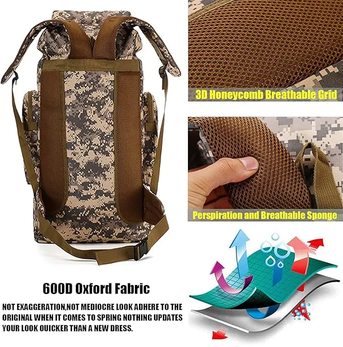 70L Waterproof Hiking Daypack Large Hiking Backpack, Hunting Camping Rucksack Backpack for Men Outdoor Sports Backpack (Desert camouflage)
