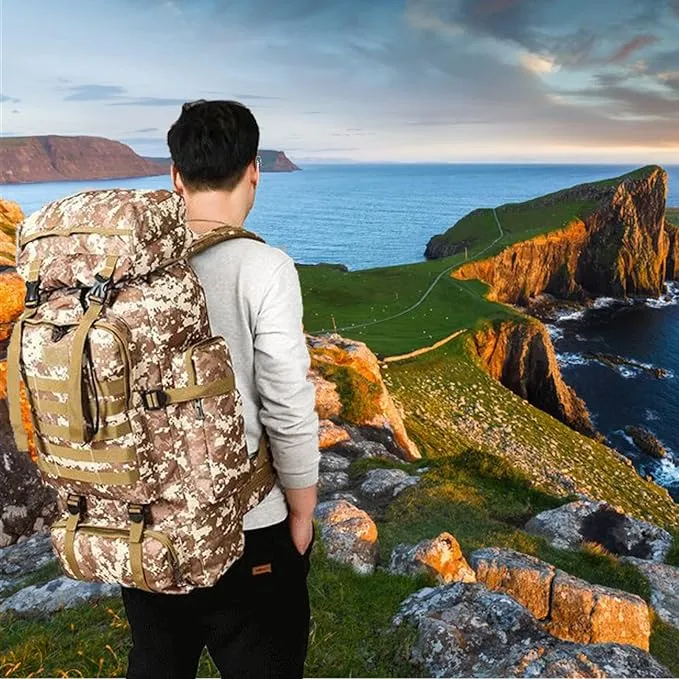 70L Waterproof Hiking Daypack Large Hiking Backpack, Hunting Camping Rucksack Backpack for Men Outdoor Sports Backpack (Desert camouflage)