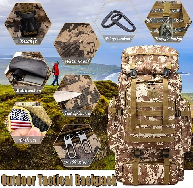 70L Waterproof Hiking Daypack Large Hiking Backpack, Hunting Camping Rucksack Backpack for Men Outdoor Sports Backpack (Desert camouflage)