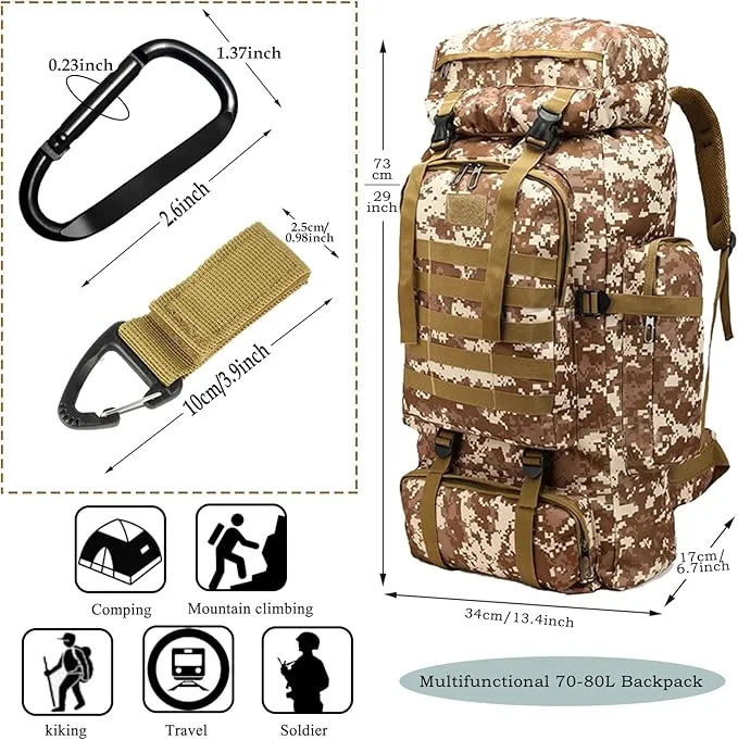 70L Waterproof Hiking Daypack Large Hiking Backpack, Hunting Camping Rucksack Backpack for Men Outdoor Sports Backpack (Desert camouflage)