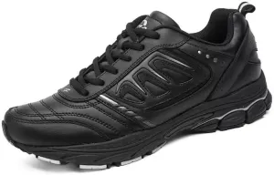 Athletic Running Shoes, Black Leather, Non-Slip Training Sneakers