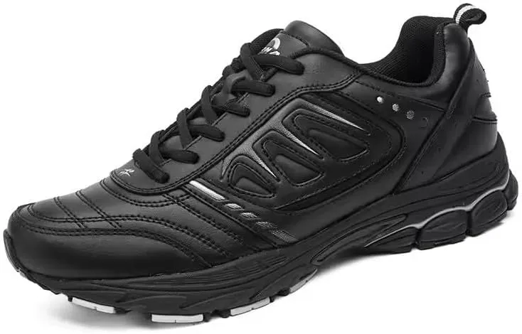 Athletic Running Shoes, Black Leather, Non-Slip Training Sneakers