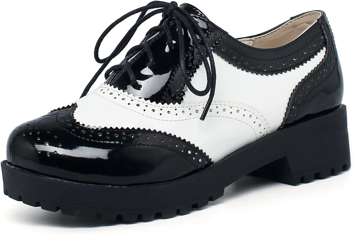 Betastella Women's Patent Leather Oxfords Chunky Heels Lace Up Brogue Shoes