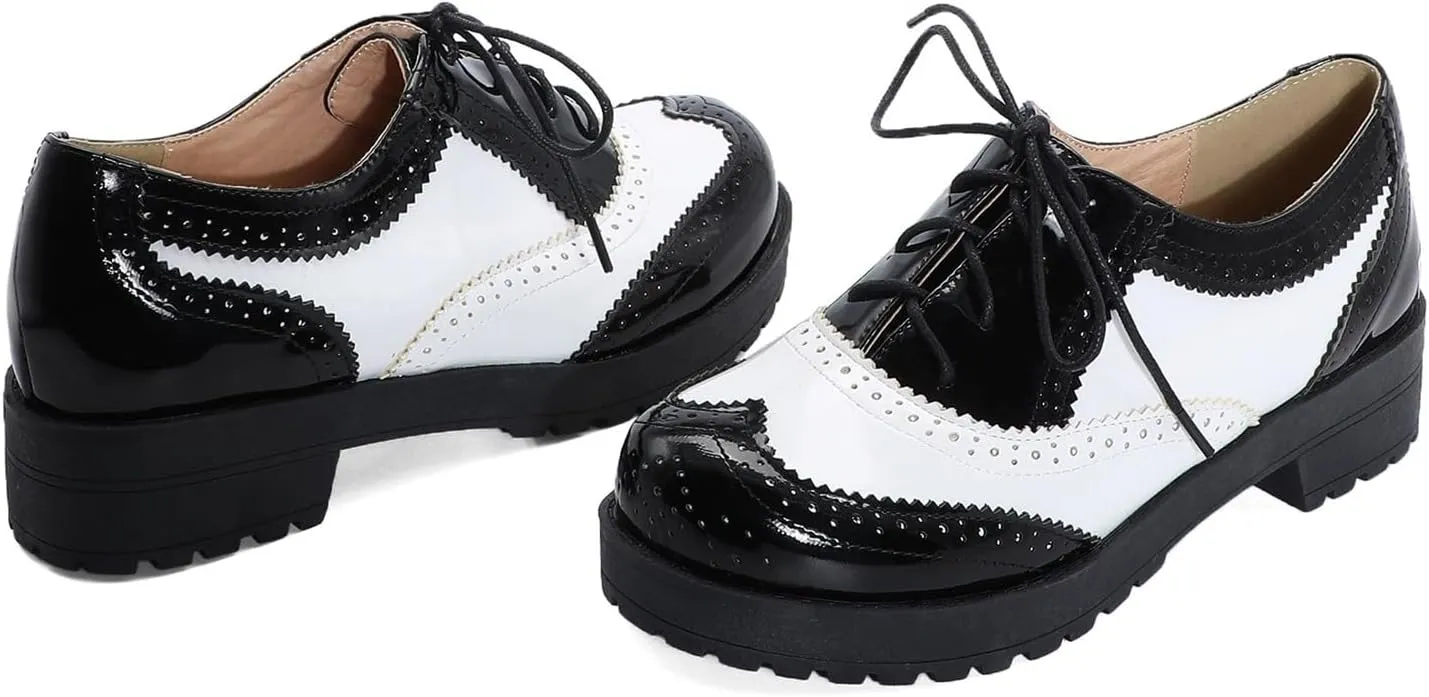 Betastella Women's Patent Leather Oxfords Chunky Heels Lace Up Brogue Shoes