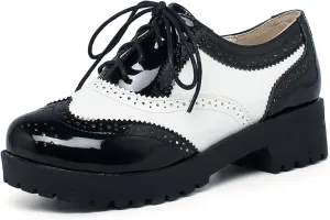 Betastella Women's Patent Leather Oxfords Chunky Heels Lace Up Brogue Shoes