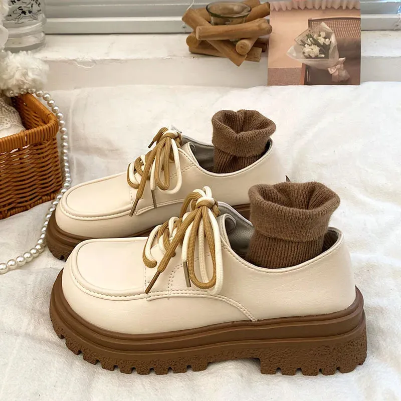 binfenxie Hot Classic beige Platform Oxford Shoes Women Loafers Summer Autumn Casual Lace Up Flats Ladies Punk Gothic Leather Chunky Shoes