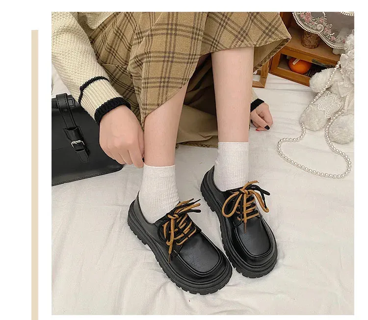 binfenxie Hot Classic beige Platform Oxford Shoes Women Loafers Summer Autumn Casual Lace Up Flats Ladies Punk Gothic Leather Chunky Shoes