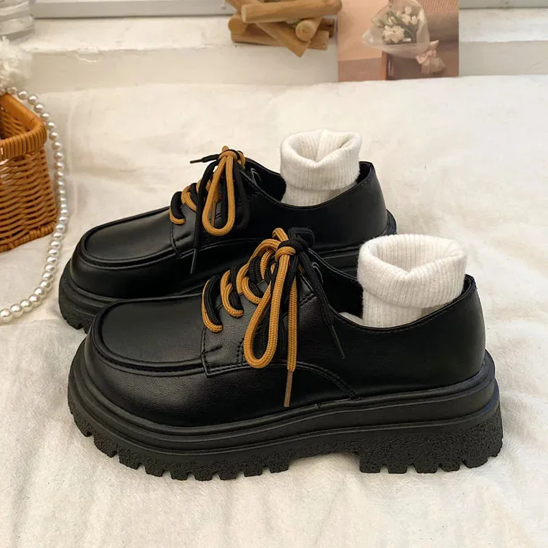 binfenxie Hot Classic beige Platform Oxford Shoes Women Loafers Summer Autumn Casual Lace Up Flats Ladies Punk Gothic Leather Chunky Shoes