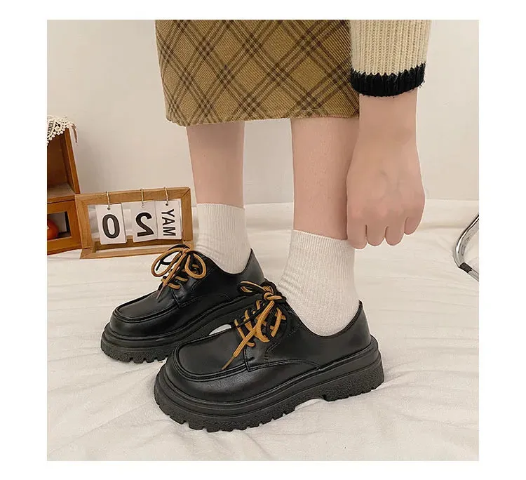 binfenxie Hot Classic beige Platform Oxford Shoes Women Loafers Summer Autumn Casual Lace Up Flats Ladies Punk Gothic Leather Chunky Shoes