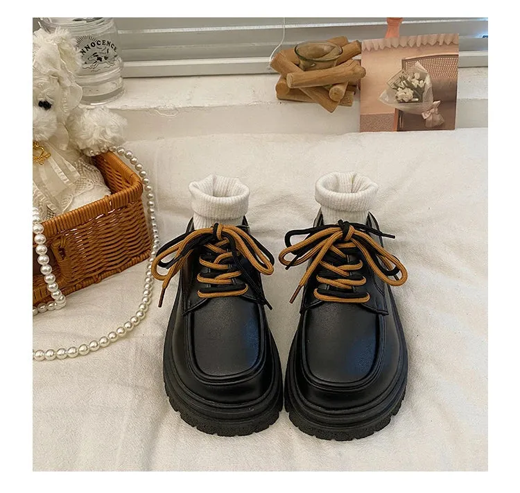 binfenxie Hot Classic beige Platform Oxford Shoes Women Loafers Summer Autumn Casual Lace Up Flats Ladies Punk Gothic Leather Chunky Shoes