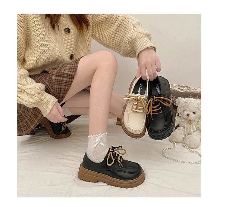 binfenxie Hot Classic beige Platform Oxford Shoes Women Loafers Summer Autumn Casual Lace Up Flats Ladies Punk Gothic Leather Chunky Shoes