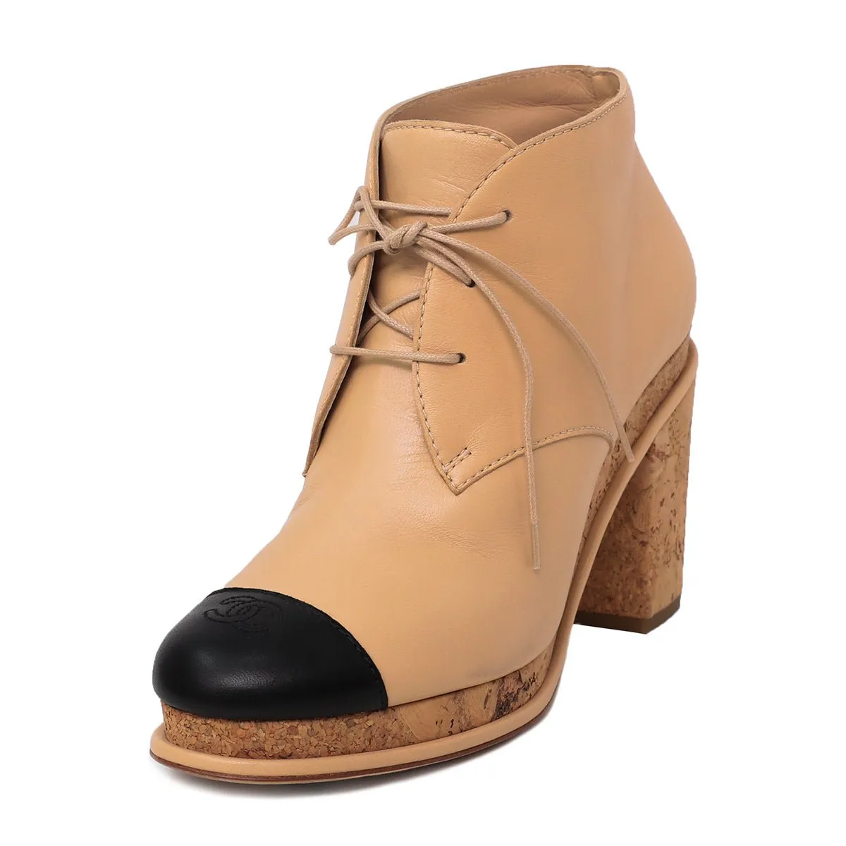 Chanel Bicolor Cork Cap Toe CC Lacets Booties 39.5