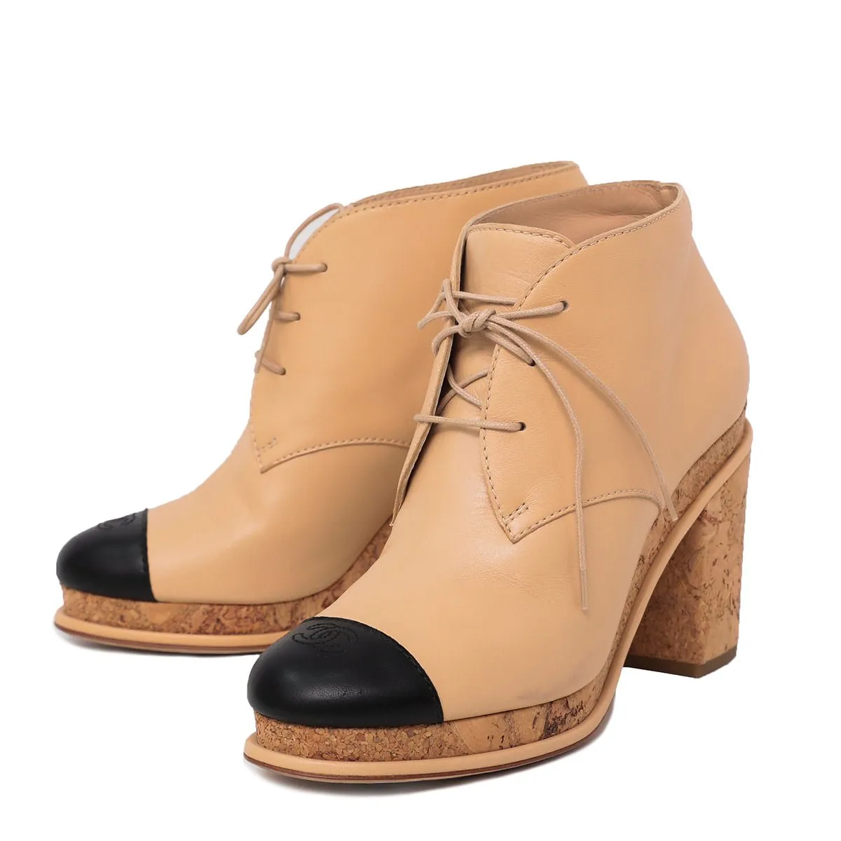 Chanel Bicolor Cork Cap Toe CC Lacets Booties 39.5