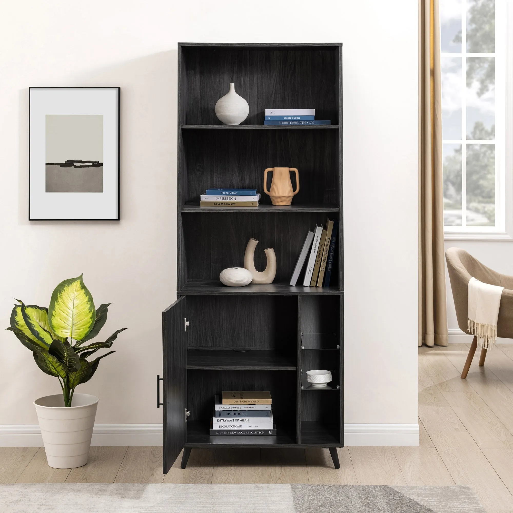 Contemporary Minimal Glass-Shelf 1-Door Storage Cabinet