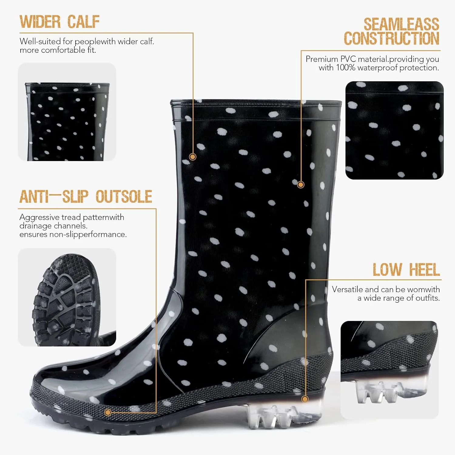 DaeRainy Women's Mid-calf Rain Boots Waterproof Non-slip for Gardens,Fishing,Farm,Outdoor Work Boots
