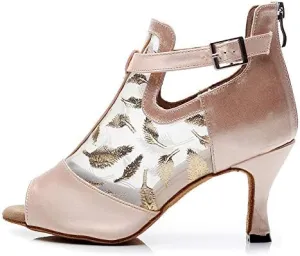 DKZSYIM Women's Ballroom Dance Shoes 3 1/3 Inch High Heel Ankle Booties Performance Dance Boots,Model QJW1052