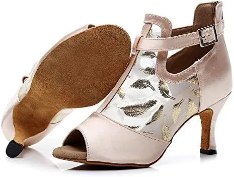 DKZSYIM Women's Ballroom Dance Shoes 3 1/3 Inch High Heel Ankle Booties Performance Dance Boots,Model QJW1052