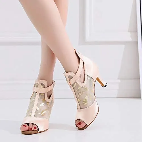 DKZSYIM Women's Ballroom Dance Shoes 3 1/3 Inch High Heel Ankle Booties Performance Dance Boots,Model QJW1052