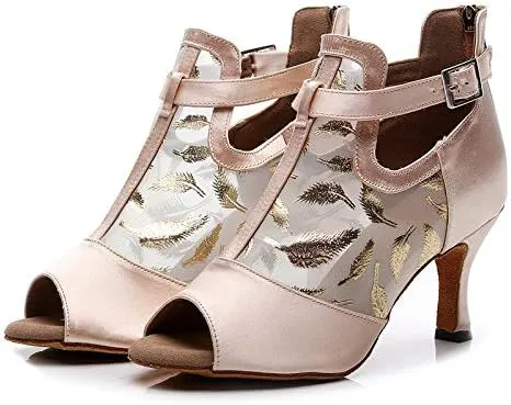 DKZSYIM Women's Ballroom Dance Shoes 3 1/3 Inch High Heel Ankle Booties Performance Dance Boots,Model QJW1052