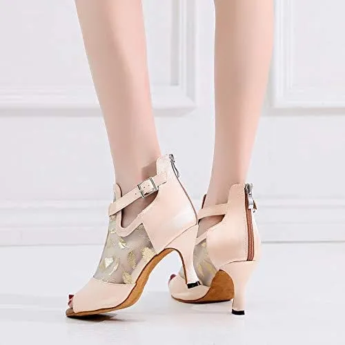 DKZSYIM Women's Ballroom Dance Shoes 3 1/3 Inch High Heel Ankle Booties Performance Dance Boots,Model QJW1052