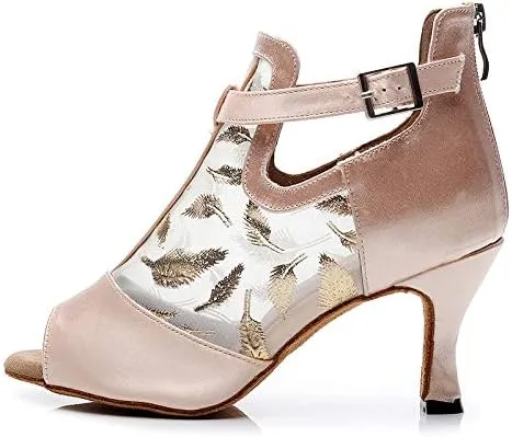 DKZSYIM Women's Ballroom Dance Shoes 3 1/3 Inch High Heel Ankle Booties Performance Dance Boots,Model QJW1052