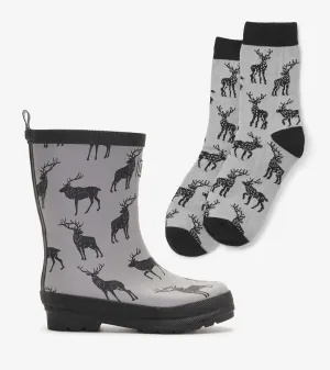 Hatley Sherpa Lined Rain Boots & Matching Socks - Majestic Elk