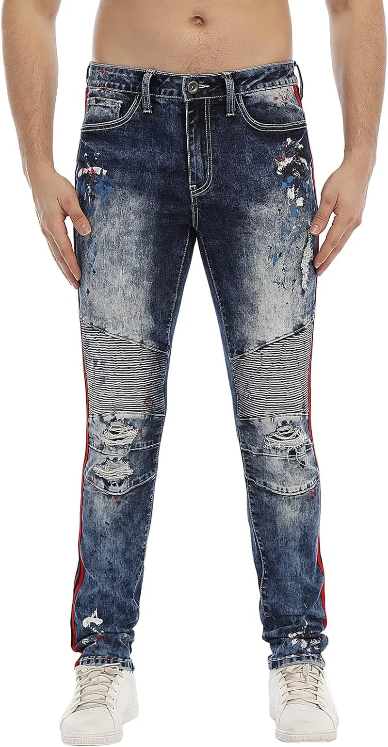 Jeans for Men Skinny Jeans Men Ripped Distressed Denim Jeans Destroyed Slim Fit Jeans Elastic Cool Denim Pants Blue Red