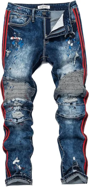Jeans for Men Skinny Jeans Men Ripped Distressed Denim Jeans Destroyed Slim Fit Jeans Elastic Cool Denim Pants Blue Red