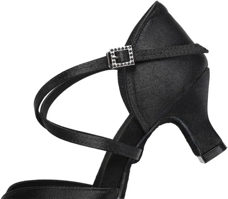 JUODVMP Women's Dance Shoes Satin Cut-Out Ballroom Dancing Heels Professional Dancing Practice Shoes