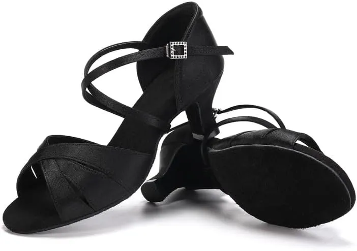 JUODVMP Women's Dance Shoes Satin Cut-Out Ballroom Dancing Heels Professional Dancing Practice Shoes