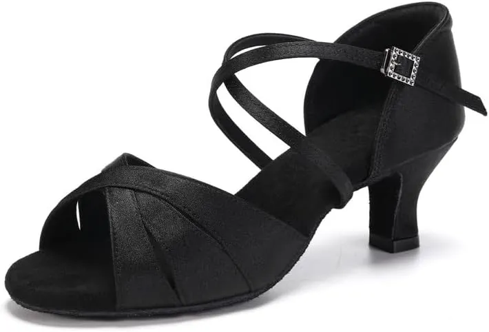 JUODVMP Women's Dance Shoes Satin Cut-Out Ballroom Dancing Heels Professional Dancing Practice Shoes