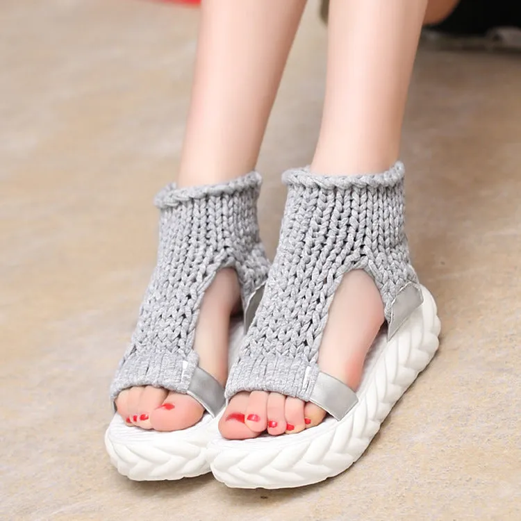 Knit Cut Out Open Toe Platform Flat Sandals