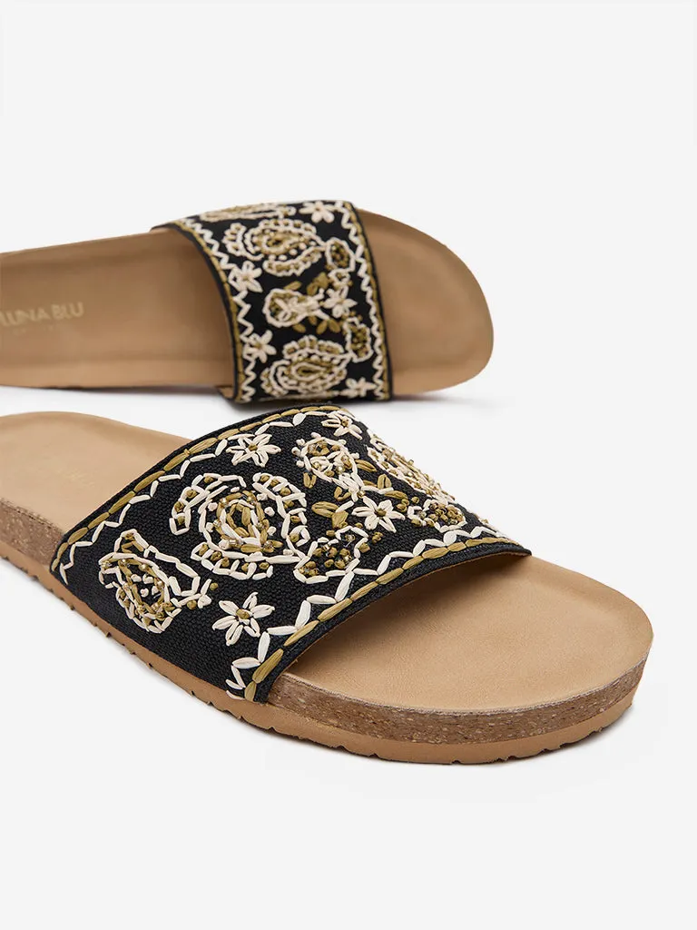 LUNA BLU Black Embroidered Slip-On Sandals