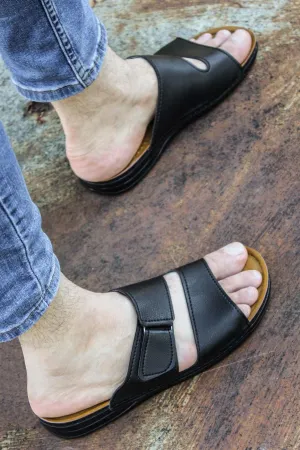 Men's Black Leather Slide Sandals with Cutout Design - Wessi