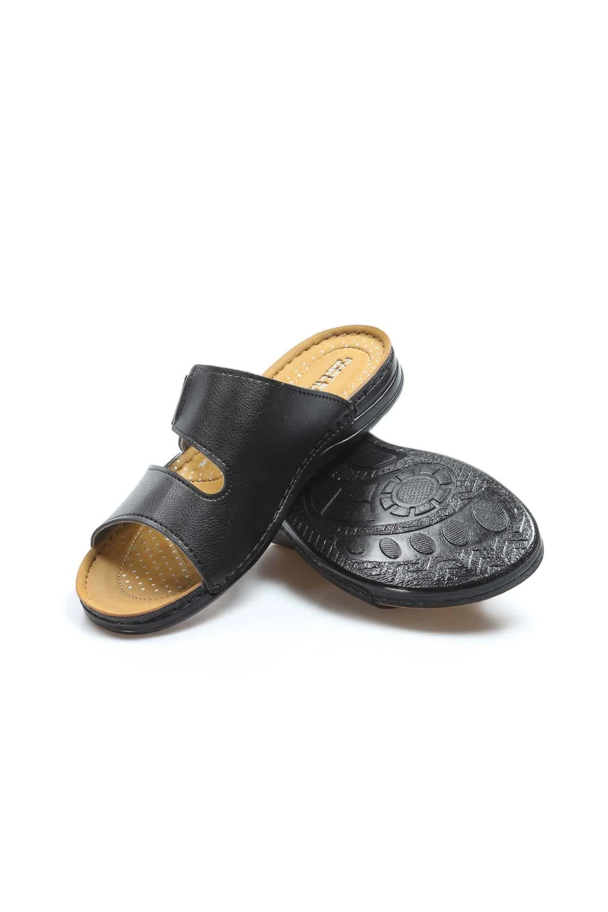 Men's Black Leather Slide Sandals with Cutout Design - Wessi
