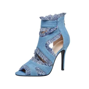 New Arrival Denim Fringe Stiletto Sandals