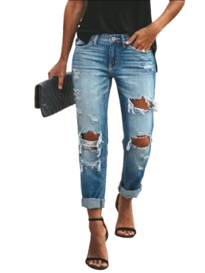 New Women Fashion Mid Waist Boyfriend Big Ripped Hole Jeans Casual High Street Denim Pants Sexy Vintage Pencil Calca Jeans
