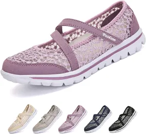 Optigard Women's Lace Mesh Adjustable Breathable Flat Walking Shoes Casual Non-Slip Lightweight Sneakers Comfortable Slip-On Shallow Mouth Mom Shoes Nurse Working Shoes Mary Jane Shoes