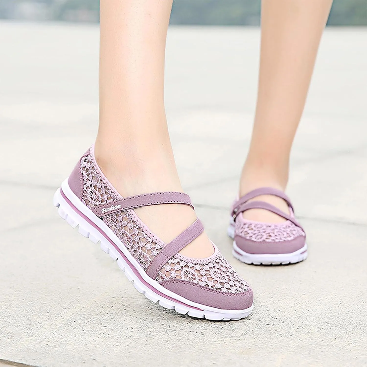 Optigard Women's Lace Mesh Adjustable Breathable Flat Walking Shoes Casual Non-Slip Lightweight Sneakers Comfortable Slip-On Shallow Mouth Mom Shoes Nurse Working Shoes Mary Jane Shoes