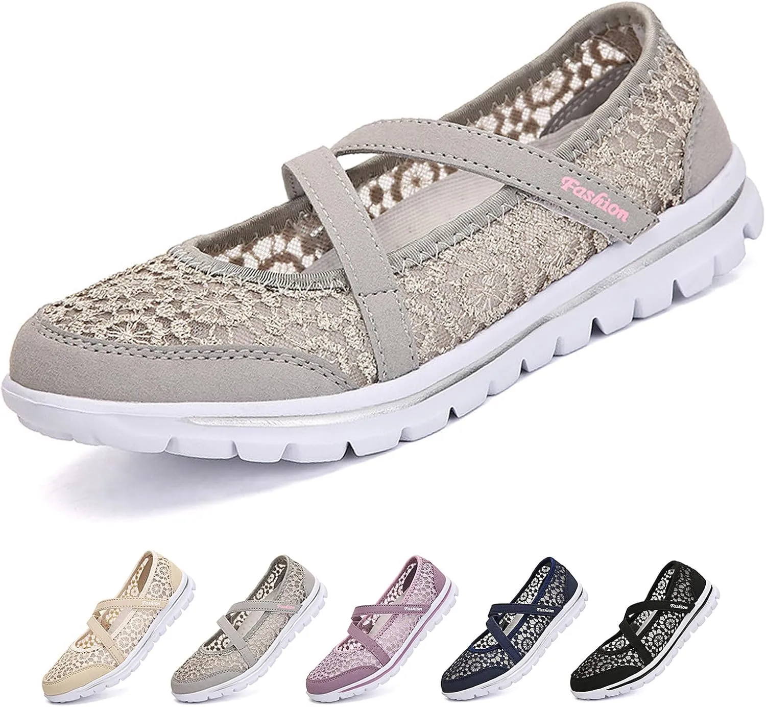 Optigard Women's Lace Mesh Adjustable Breathable Flat Walking Shoes Casual Non-Slip Lightweight Sneakers Comfortable Slip-On Shallow Mouth Mom Shoes Nurse Working Shoes Mary Jane Shoes