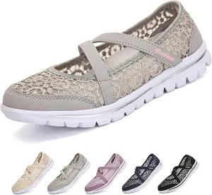 Optigard Women's Lace Mesh Adjustable Breathable Flat Walking Shoes Casual Non-Slip Lightweight Sneakers Comfortable Slip-On Shallow Mouth Mom Shoes Nurse Working Shoes Mary Jane Shoes