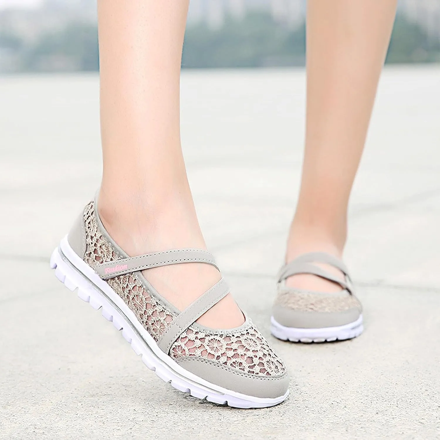 Optigard Women's Lace Mesh Adjustable Breathable Flat Walking Shoes Casual Non-Slip Lightweight Sneakers Comfortable Slip-On Shallow Mouth Mom Shoes Nurse Working Shoes Mary Jane Shoes