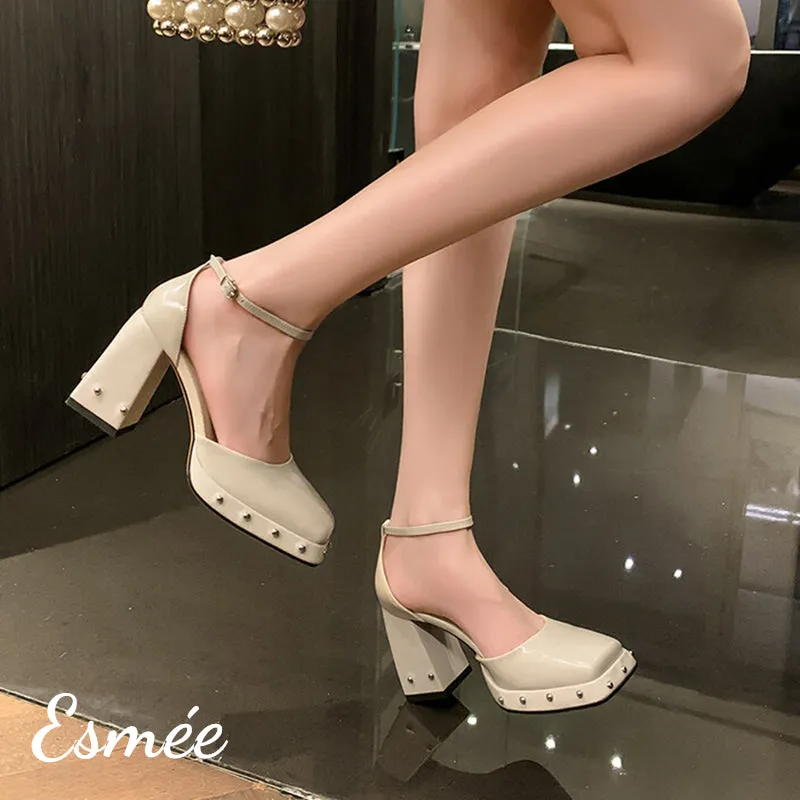 Patent Leather High Heel Sandals with Rock-stud Platform Design