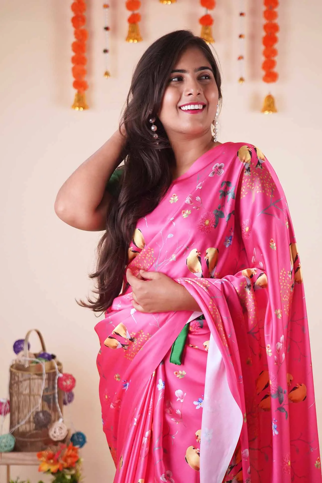 Ready To Wear Floss Japan Satin pink Floral Printed  Wrap in 1 minute saree