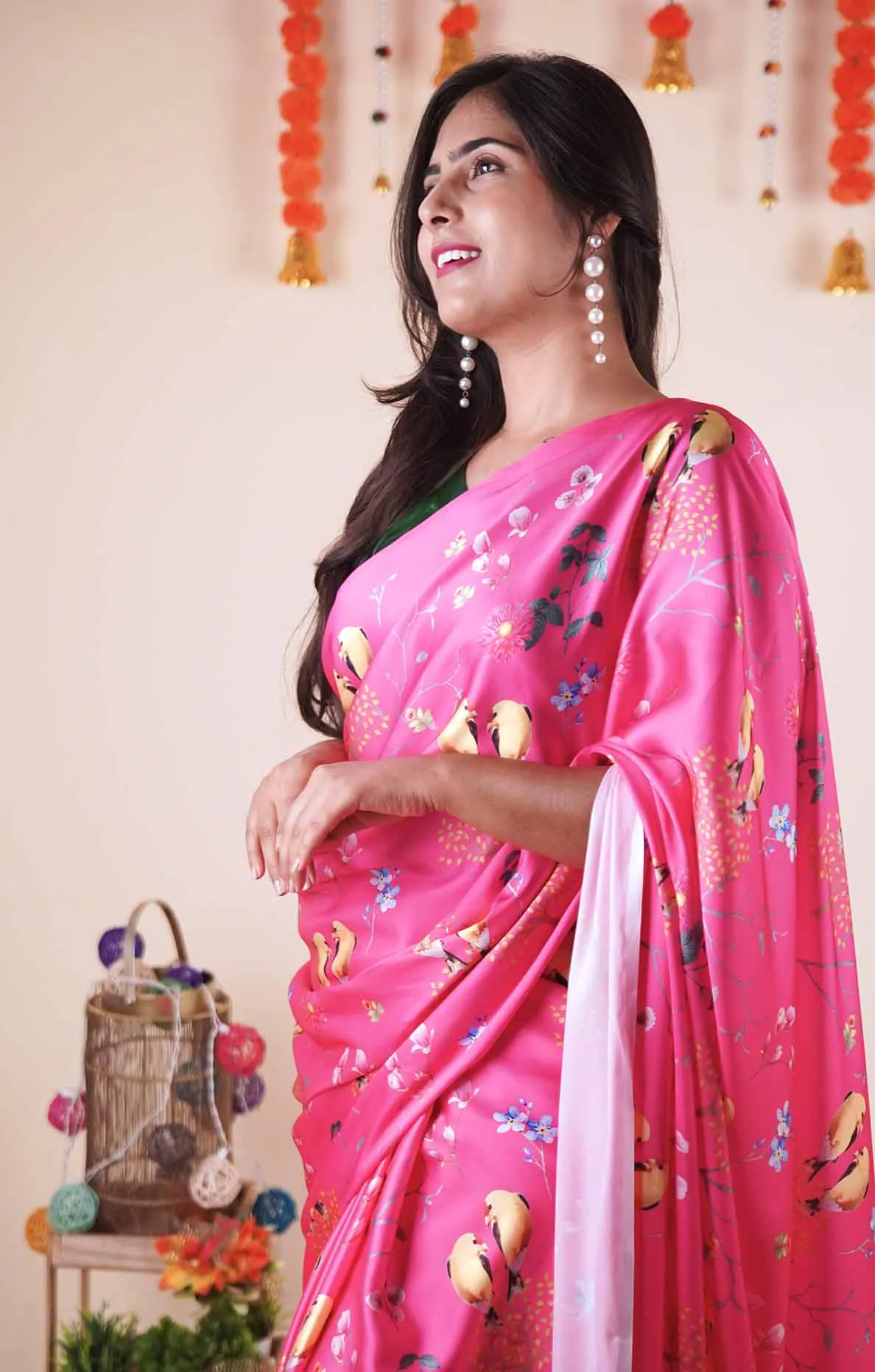 Ready To Wear Floss Japan Satin pink Floral Printed  Wrap in 1 minute saree