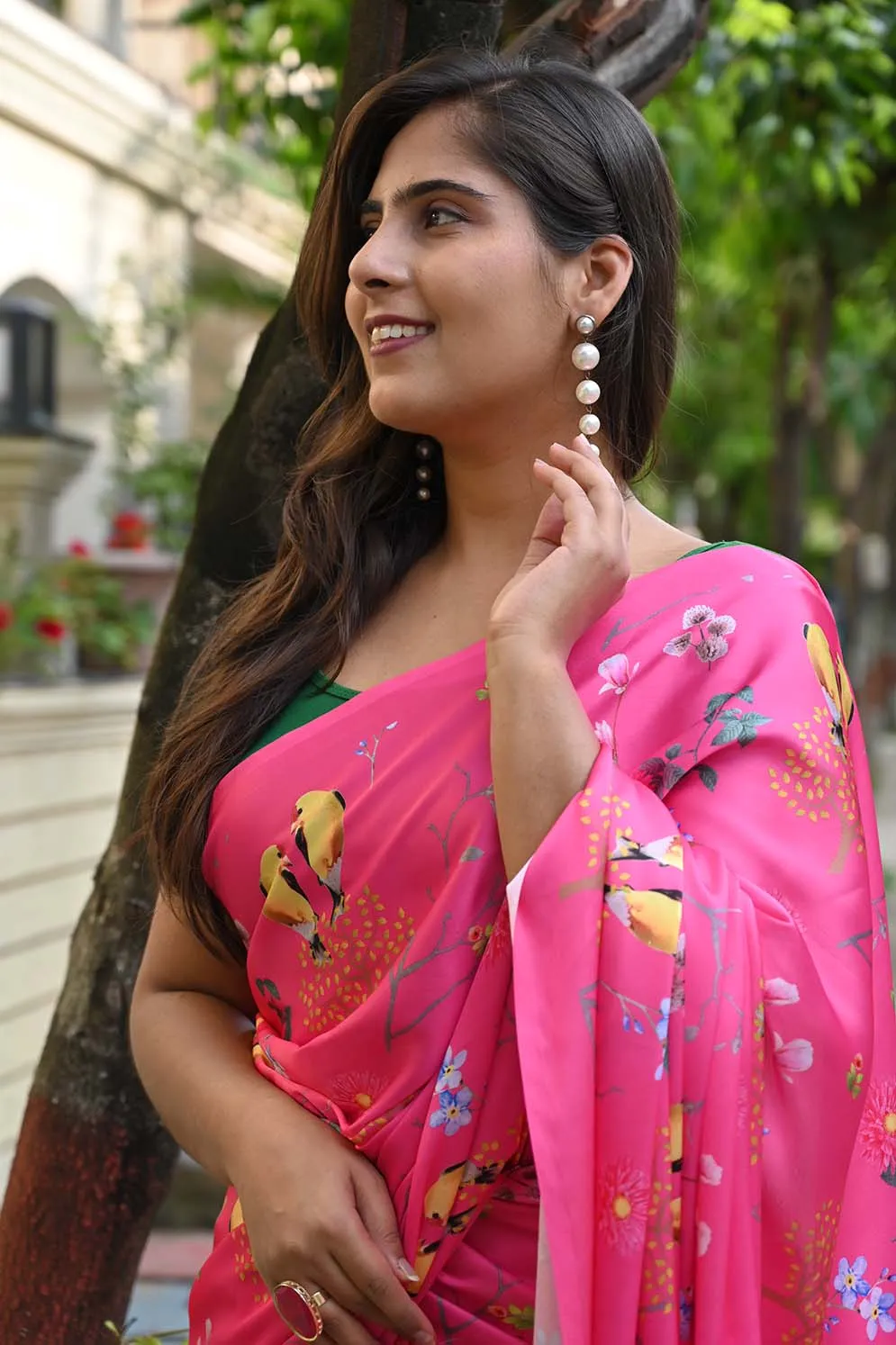 Ready To Wear Floss Japan Satin pink Floral Printed  Wrap in 1 minute saree