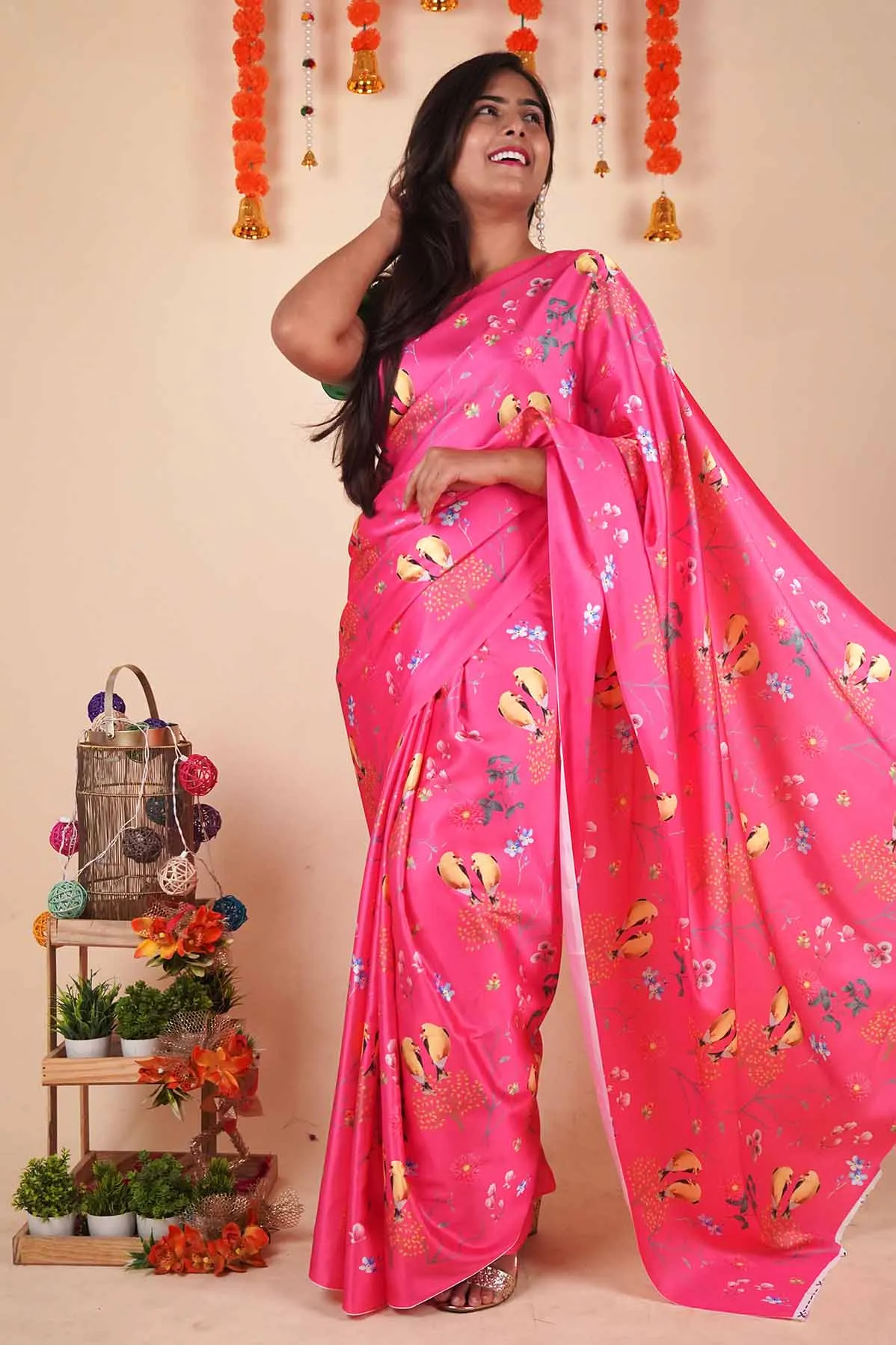 Ready To Wear Floss Japan Satin pink Floral Printed  Wrap in 1 minute saree