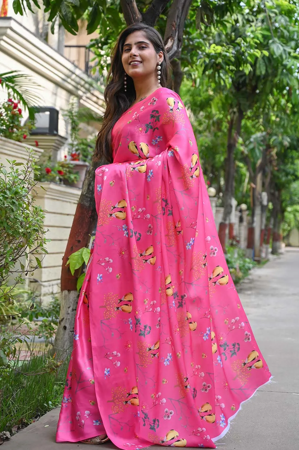 Ready To Wear Floss Japan Satin pink Floral Printed  Wrap in 1 minute saree