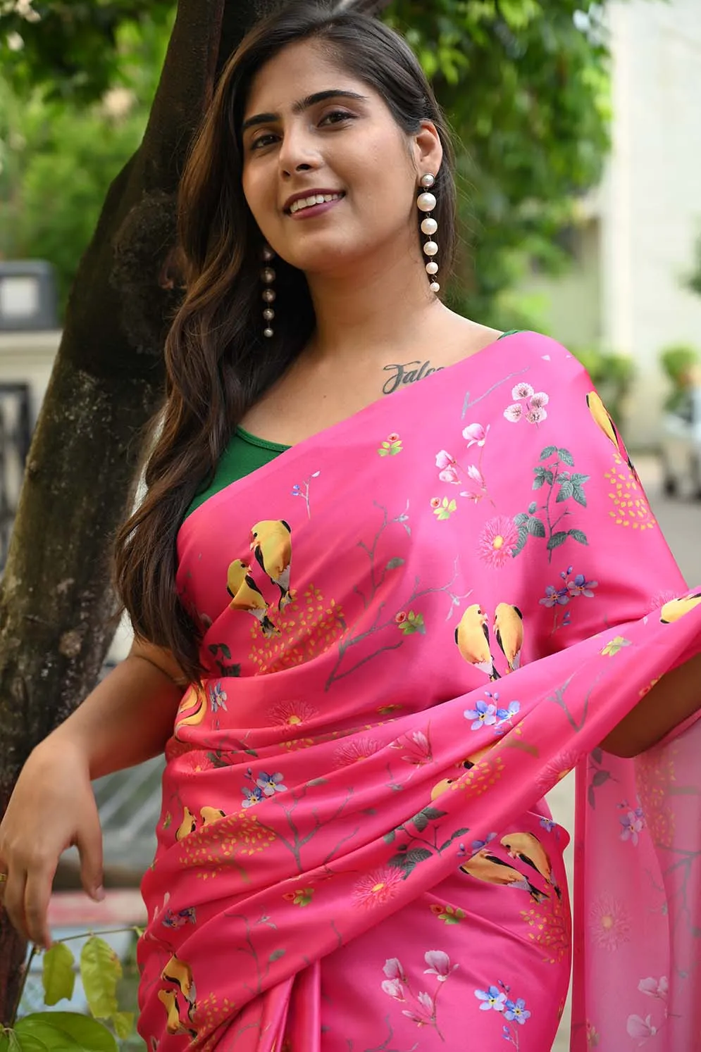 Ready To Wear Floss Japan Satin pink Floral Printed  Wrap in 1 minute saree
